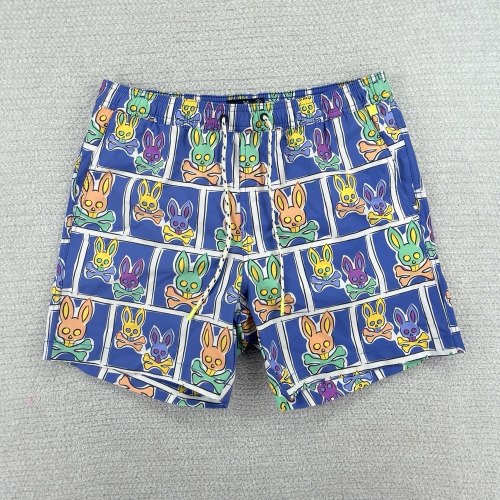 Psycho Bunny Swim Trunks Mens S Blue Bunny Skull All Over Print Mesh Lined 5"